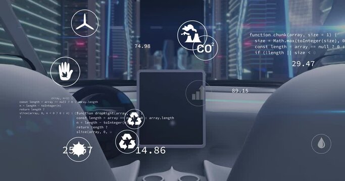 Animation of icons and data processing over car interior
