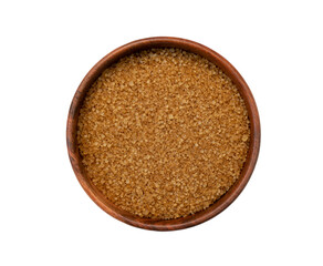 top view of unrefined natural brown sugar in wooden bowl with copy space for text isolated on white background, cane sugar close-up