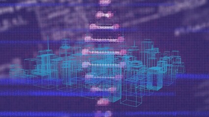 Animation of interference over dna strand and digital city with data processing - Powered by Adobe