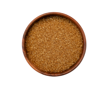 top view of unrefined natural brown sugar in wooden bowl with copy space for text isolated on white background, cane sugar close-up