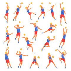 Fototapeta na wymiar Young Blond Man Volleyball Player Hitting and Tossing the Ball with Hands Big Vector Set