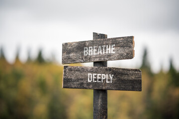 vintage and rustic wooden signpost with the weathered text quote breathe deeply, outdoors in nature. blurred out forest fall colors in the background.