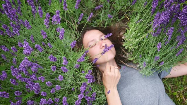 Happy middle aged woman relaxing on the grass on sunny summer day in blossom field, touching lavender flowers, inhaling the aroma of herbs. Self care, mind body and soul.