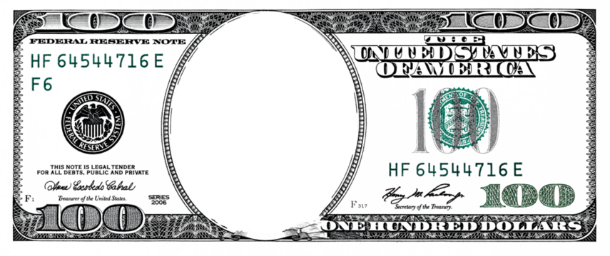 100 dollar border with empty transparent  middle area