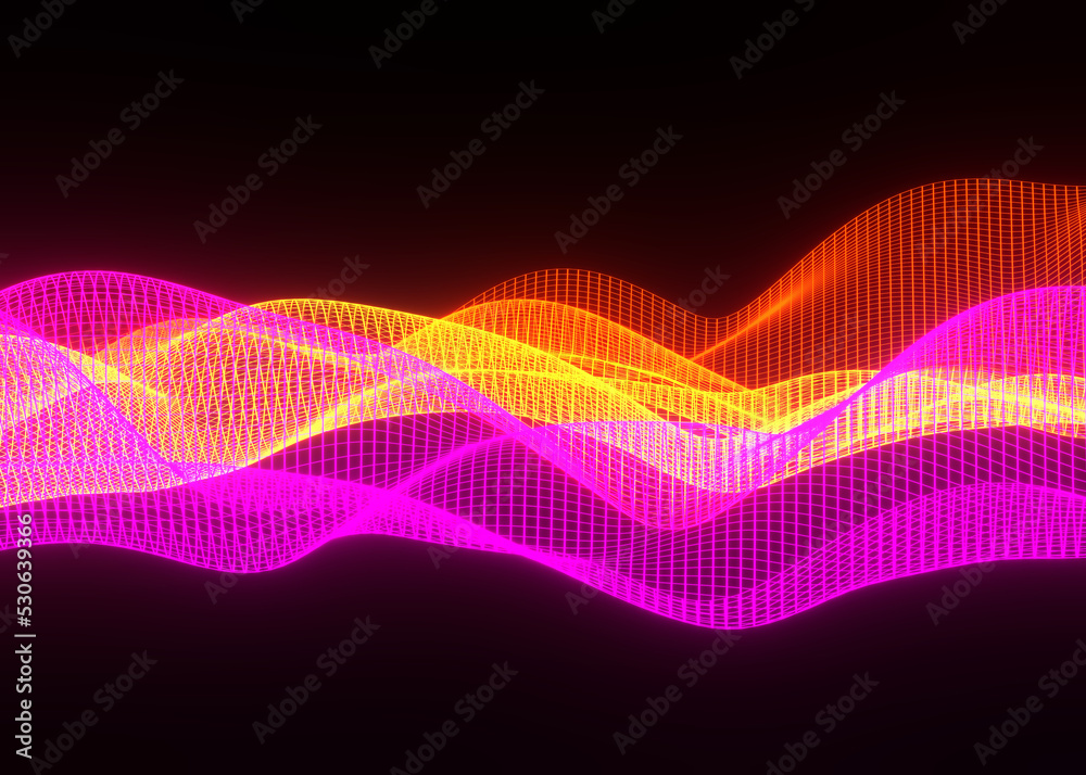 Poster 3d abstract background of flying neon particles in motion, wavy lines flow big data technology and s