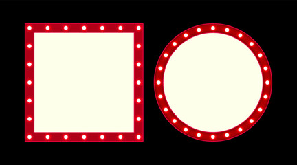 Vector empty retro circus billboard frame with electric bright glowing lamps. Light bulbs circle and square shapes figure.