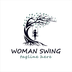 Woman Swinging under Tree logo design inspiration.