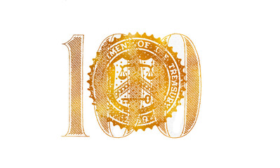 closeup of golden textured cut number 100 of dollar bill