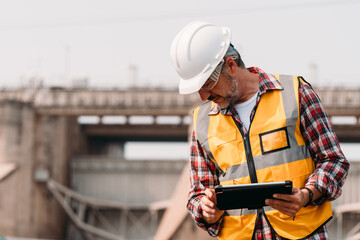 Portrait of power engineer wearing safety jacket and hardhat with tablet working at outdoor field site that have water spillway  of hydro power dam electrical generator at the background.