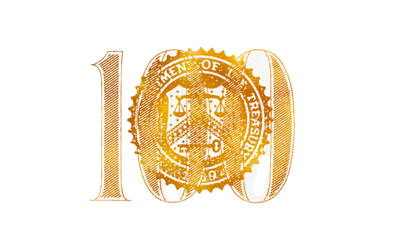 closeup of golden textured cut number 100 of dollar bill