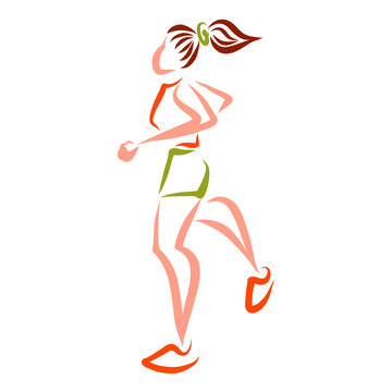sporty girl in shorts and t-shirt running and training, colorful silhouette