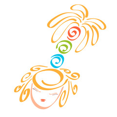 Obraz premium head of blonde girl with creative high palm hairstyle, colorful pattern