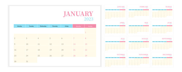 Calendar template set for 2023 year in Week starts on Monday via Simple editable vertical vector calender
