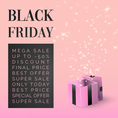 black friday sale banner, birthday card with gift box, 3D effect