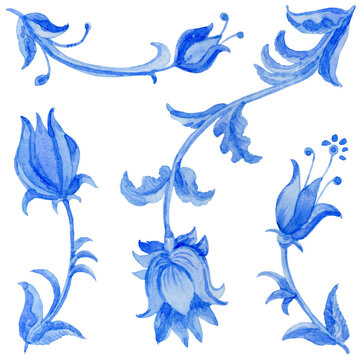 Watercolor blue floral seamless pattern isolated on transparent background. Tile with Baroque scrolls, Flowers, leaves and branches