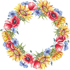 Wreath. Watercolor sunflowers, cornflowers and poppies	
