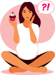 Pregnant woman chooses between healthy food or fast food. 