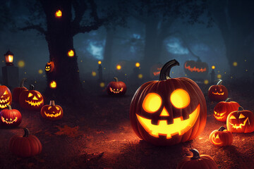 Pumpkins In Graveyard, Halloween Background 3d illustration.
