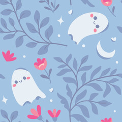 Seamless Vector Halloween Pattern Design. Cute ghosts elements in flat style.