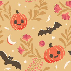 Seamless Vector Halloween Pattern Design. Cute halloween elements in flat style.