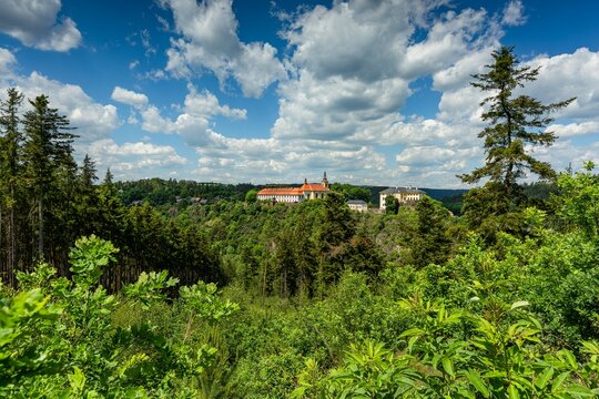 Rabstejn nad Strelou, Czech Republic - June 12 2022: Distant view of the building of former monastery of Servites, the Virgin Mary church and the castle standing on a rock. Green trees in foreground.