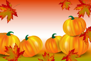 Halloween or Thanksgiving day banner,autumn background with pumpkins, falling or flying maple red leaves. Editable Vector illustration with copy space