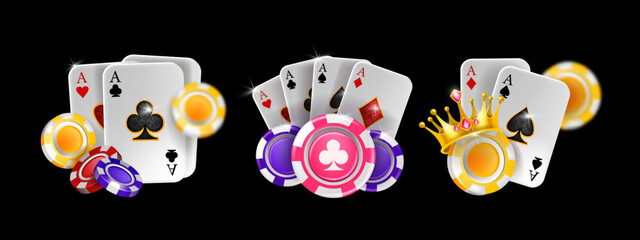 Casino poker 3D vector icon set, playing ace card, Vegas tournament banner, flying gambling chips. Realistic Texas Holdem badge, online blackjack lucky illustration. Casino poker UI clipart on white - obrazy, fototapety, plakaty