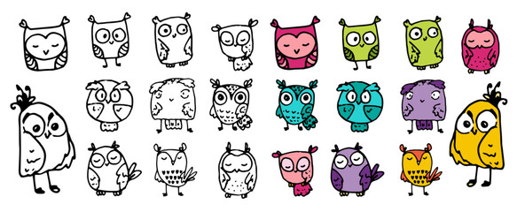 cute owl doodles are multicolored. hand-drawn simple birds, owls of different shapes and colors with