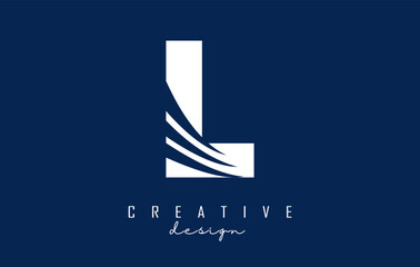 White letter L logo with leading lines and negative space design. Letter with geometric and creative cuts concept.