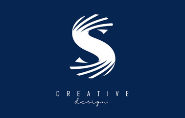 White letter S logo with leading lines and negative space design. Letter with geometric and creative cuts concept.