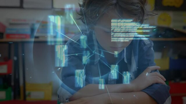 Animation of data processing over caucasian schoolboy writing
