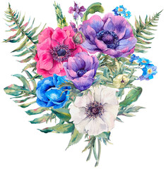 Watercolor Summer Bouquet, Botanical Illustration