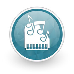 Music concept, piano blue web buton, glossy icon isolated on white background