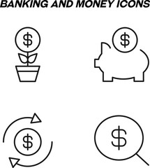 Monochrome isolated symbols drawn with black thin line. Perfect for stores, shops, adverts. Vector icon set with signs of money tree, moneybox, deposit, dollar, money exchange