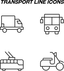 Monochrome isolated symbols drawn with black thin line. Perfect for stores, shops, adverts. Vector icon set with signs of truck, van, bus, trolleybus, moped, bike