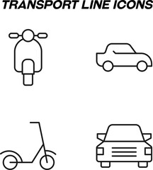 Monochrome isolated symbols drawn with black thin line. Perfect for stores, shops, adverts. Vector icon set with signs of scooter, car, automobile, scooter