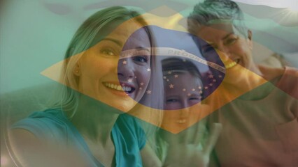 Animation of flag of brazil over caucasian family - Powered by Adobe