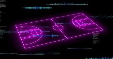 Animation of neon stadium over data processing on black background - Powered by Adobe
