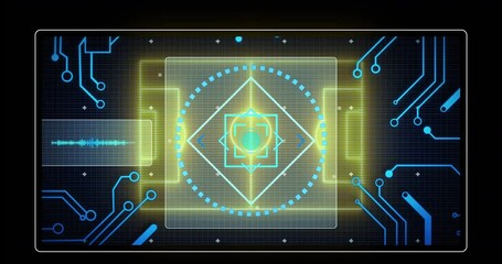 Animation of neon stadium over data processing and scope scanning on black background - Powered by Adobe