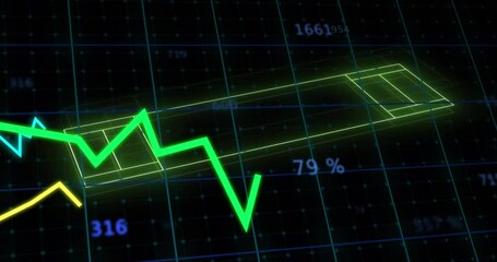 Animation of neon stadium over data processing on black background - Powered by Adobe