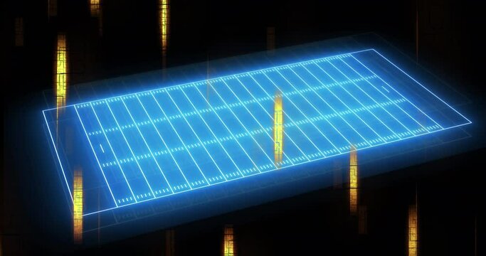 Animation of neon stadium over light trails on black background