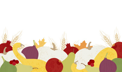 A fall harvest bounty, in a cut paper style with textures
