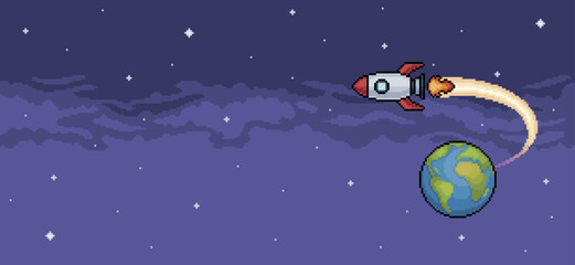 Pixel art background of rocket taking off from earth background vector for 8 bit game
