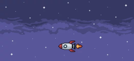 Fotobehang Pixel art background of rocket flying in the night sky background vector for 8 bit game © Kaleb