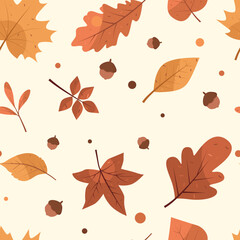 Fototapeta na wymiar Pattern with different autumn leaves and acorn. Seamless vector illustration