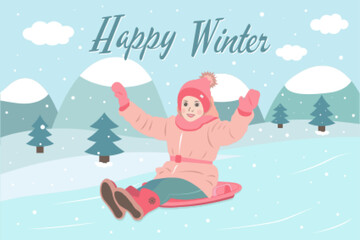 Winter postcard with a happy child and snow