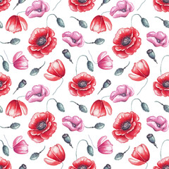 Poppy flower seamless pattern. Watercolor illustration