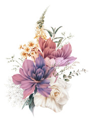 Bouquet of flowers, can be used as greeting card, invitation card for wedding, birthday and other holiday and  summer background. Watercolor illustration 