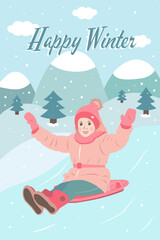 Naklejka premium Vertical winter postcard with a child and snow
