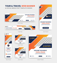 Tour and travel web banner social media post design template Set Vertical, Horizontal and Square banners with a standard size.